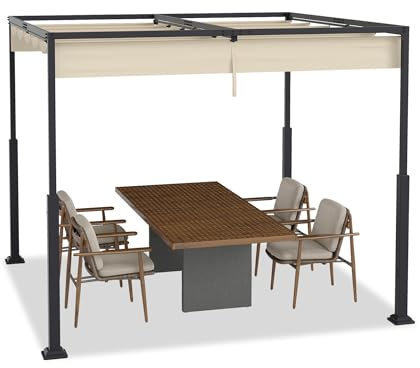 Aufun Pergola mit Schiebedach, 3x3m Gartenpavillon Terrassendachung aus Metall, mit stabilem Stahlgestell und Schiebedach aus PA-beschichtetem Polyester, UV Schutz für Outdoor, Beige