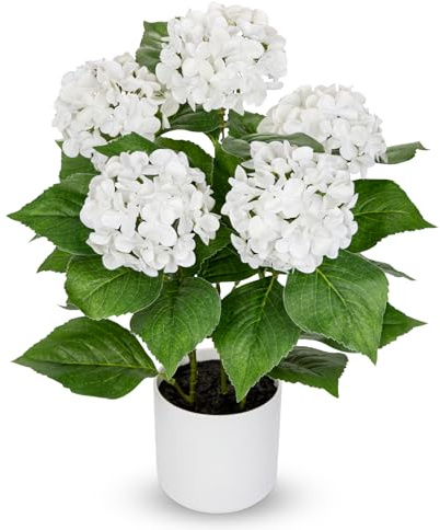 Briful Fleurs artificielles en pot – 50 cm – Plantes artificielles d'hortensia artificielles avec 5 têtes de fleurs – Fleur artificielle blanche au toucher réaliste pour salon, salle de bain, bureau