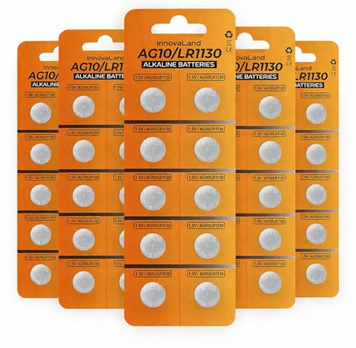Innovaland LR1130 Knopfzellen – 6,67 mAh HG Notfall-Knopfzellen-Set – 1,5 V Alkaline AG10 Uhrenbatterien – Langlebige Batterien für Uhren, Taschenrechner und Spielzeug – 50er-Packung