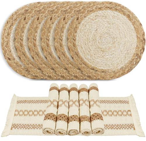 wiipara Runde Platzsets aus Wasserhyazinthe, Baumwelle-Leinen Kombinationstischsets, 6er Set Tischuntersetzer Tischsets Abwaschbar, Handgemachte Platzdeckchen Natur für Esstisch, Boho, Bauernhausstil