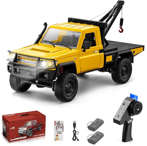 MN82T RC Crawler, 1:12 LC79 4WD RC Crawler with Crane Off-Road Tow Car | Crane One‑key Hook, Lights, Speed Adjustment, Tires All Terrain Wrecker 2.4GHz Rock Crawler for Hobbyists (Yellow)