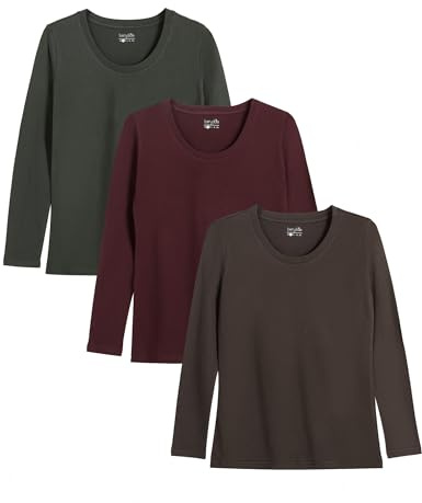 berydale Maglietta Basic Girocollo a Maniche Lunghe da Donna, Confezione da 3 Pezzi, in 100% Cotone, a Maniche Lunghe, da Donna, in Diversi Colori