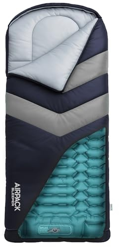 Rangland Kids Sleeping Bag with Built-in Pad (Fits Up to 4'6) All-in-One Inflatable Mattress Pad with Built-in Foot Pump - for Sleepovers, Camping and Travel (Blue/Gray)