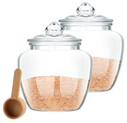 Gzsekken Bath Salt Container with Scoop Glass Storage Jar for Bathroom,Bomb Salt Container with Bamboo Lid (Medium_1.2L)-2 Pack