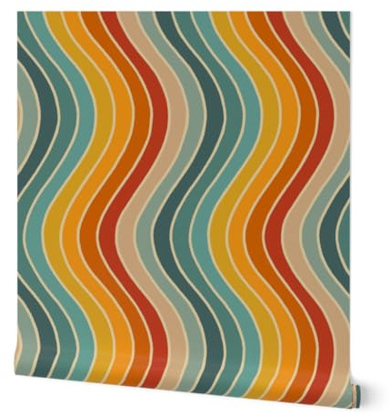Spoonflower Peel & Stick Wallpaper Swatch - Retro 70S Yellow Mustard Orange Blue Teal Cream Bold Graphic Lines Custom Removable Wallpaper