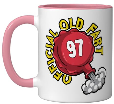 97th Birthday Official Old Fart Funny Red Whopee Cushion Ceramic Mug, Pink/White