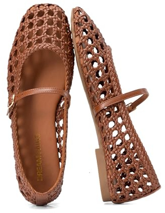 DREAM PAIRS Woven Ballet Mary Jane Flats for Women Dressy Comfortable Square Toe Ballerina Flats with Adjustable Buckle Strap for Work Casual Travel Daily,Size 10,Brown,SDFA26006W