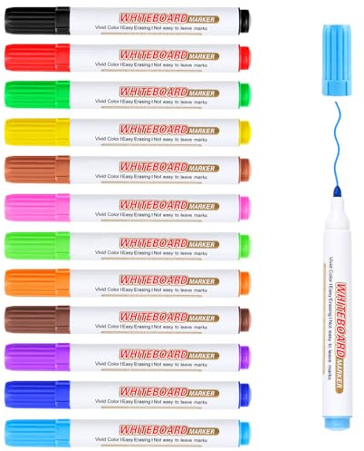 Autoau Whiteboard Marker, 12 Stück Farben Whiteboard Stifte, Folienstift Abwischbar Fein Stifte mit Radiergummi, Dry Erase Marker Set für Zuhause Schule Büro usw