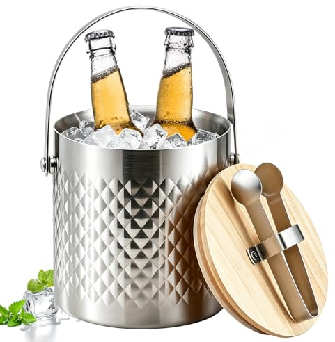3L Eiswürfelbehälter Edelstahl mit Deckel und Zange, Doppelwandig Isolierter Eiskübel für Eiswürfel, Ideal zum Kühlen von Wein, Champagner und Obst, Premium Eiseimer für Bar und Zuhause