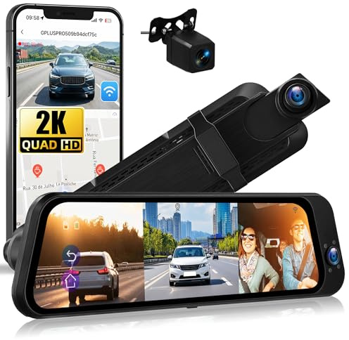 SIXWIN Dashcam Backspegel, 3 kanaler, 9,66 tum HD-pekskärm med WiFi och app – 2K 2 × 1080P, mörkerseende, ADAS & BSD & LCA, G-sensor, loopinspelning, 24 timmars parkeringsövervakning, back-assistt
