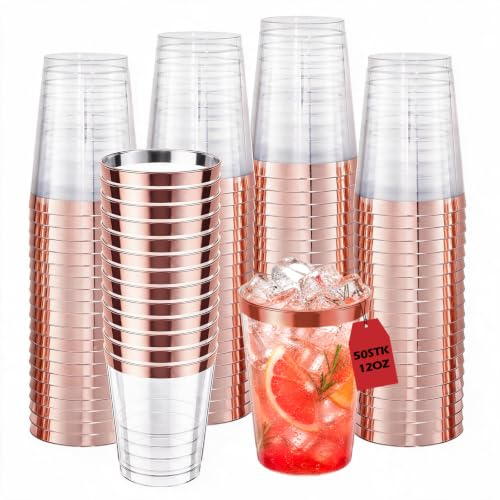 Homethrive 50 stycken plastmuggar 350 ml/12 oz hårdplast mugg-set, plast dryckesbägare återanvändbara, transparent festmugg för dryckesfester födelsedag bröllop cocktail champagne, roséguld kant