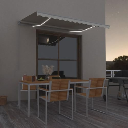 Xuvaracle Auvent rétractable manuel avec LED - 350 x 250 cm - Crème - Cadre en aluminium revêtu par pulvérisation - Protection solaire résistante aux UV - Auvent de terrasse avec manivelle - Ombrage