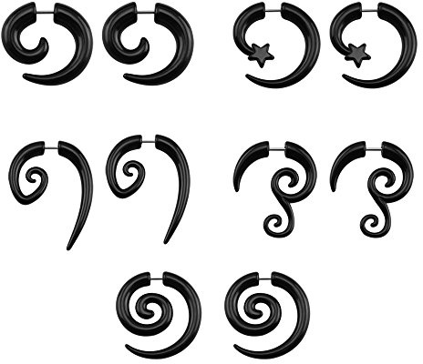 16g Graceful Tribal Spiral Fake Gauges Acrylic Ear Tapers Fake plugs Horn stud earrings (Black Spiral-style)