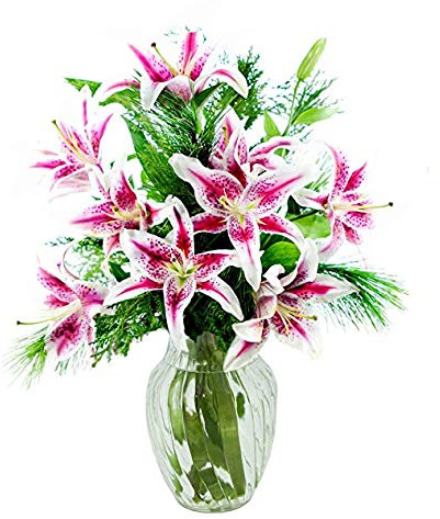 KaBloom - Seasonal Pink Stargazer Lilies with Seasonal Greens with Vase - Fresh Flowers for Birthday, Valentine's & Mother's Day