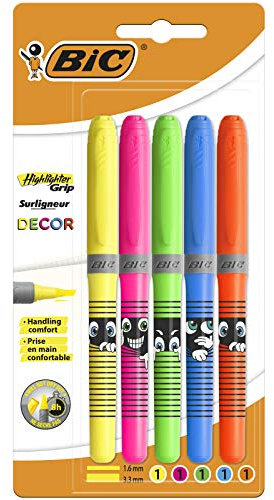 BIC Highlighter Grip Decor, Textmarker in 5 verschiedenen Farben, Strichstärke 1,6 bis 3,3 mm, mit Austrocknungsschutz