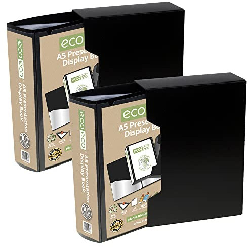 eco-eco Präsentationsbuch, A5, 50% recycelt, 100 Taschen, schwarz, Aufbewahrungsbox, Portfolio, Kunstmappe, mit Kunststoffhüllen mit schwarzer Sichtbox, 2 Stück