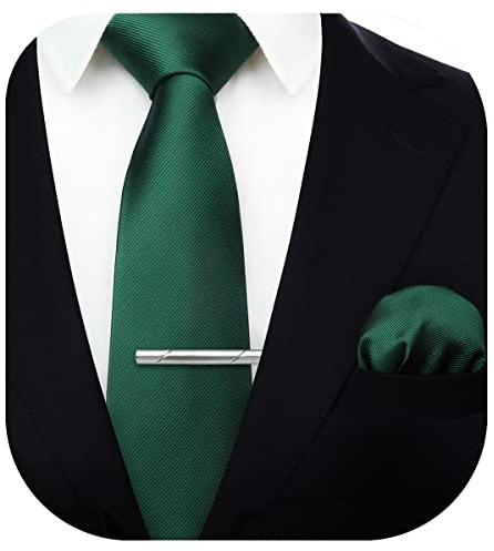 HISDERN Dark Green Solid Color Wedding Tie and Pocket Square, Classic Tie Clip Set for Men-Multiple Colors