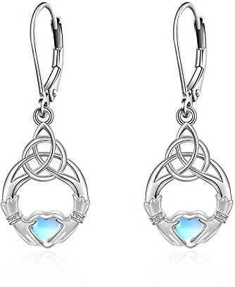Sterling silver Claddagh örhängen irländsk keltisk kärlek hjärta månsten droppe dinglande spakback örhängen
