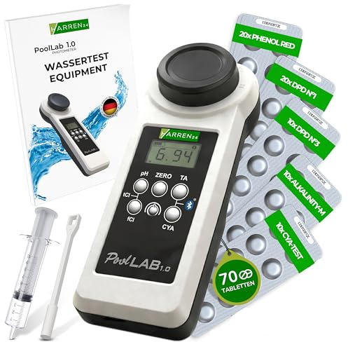 harren24 Digitaler Pooltester PoolLab 1.0 – Pool Messgerät Photometer mit Bluetooth App & 70 Testtabletten für pH Chlor, Wassertester (Poollab 1.0 + 70 Testtabletten)