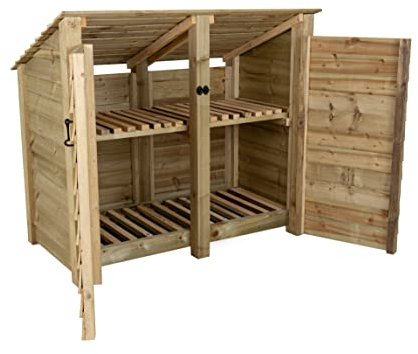 Arbor Garden Solutions Wooden Log Store 4Ft With Doors (W-146cm, H-126cm, D-88cm), natural finish (With kindling shelf (reverse roof))
