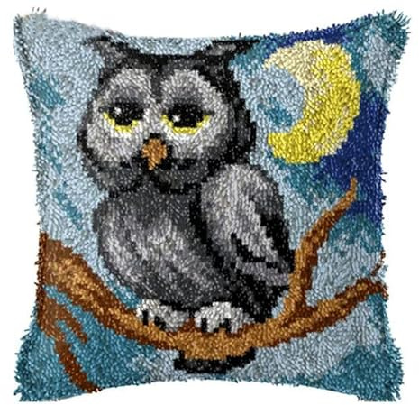 ROCKY&CHAO Knüpfteppich Zum Selber Knüpf-Sets mit Kissen knüpfen-Set 43x43cm Kissenbezug-Set für Erwachsene und Kinder Latch Hook Kit Heimaccessoire（Mond Nachteule）