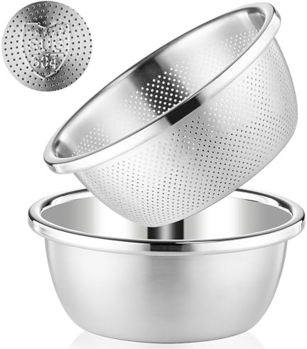 POPGRADE 304 Stainless Steel Colander 5QT Microporous Colander & Large Bowl for Kitchen,Rice Strainer with Salad Mixing Bowl for Pasta Straining,Fruit Washing,Vegetable Draining,Food Mixing(2PCs)