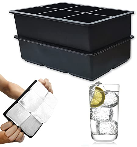 Silicone Ice Cube Tray, 2 Pack Ice Cube Mould with 6 Grids, BPA Free Easy Release Flexible Large Ice Cube Tray, Ice Trays, Large Ice Cube Moulds for Wine, Whisky, Drinks, Fruit Ice Cube(Black)