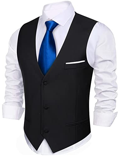 Barry.Wang Black Men's Slim Fit V-Neck Suit Vest Formal Waistcoat