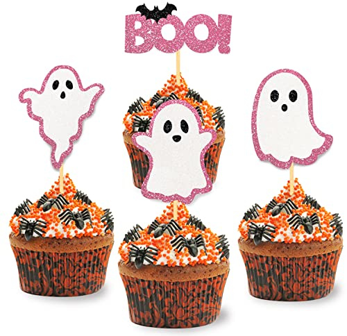 24 Stück Glitzer Halloween Cupcake Topper, Geist Kuchendeko, Baby Shower Tortendeko für Halloween Party, Babyparty, Baby Shower, Geschlecht verkünden, Schwangerschaft Dekoration (Rosa)