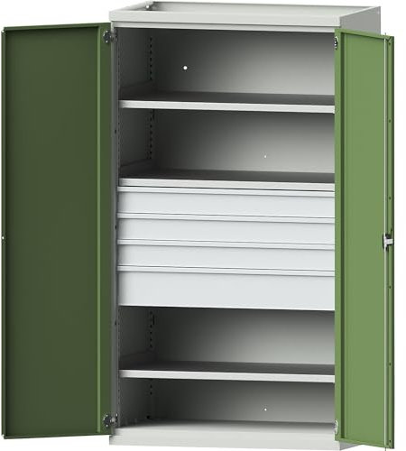 eurokraft | Schwerlastschrank aus Stahl | 3 Fachböden | Schubladen 3 x 120 mm | 1 x 180 mm hoch | lichtgrau/resedagrün