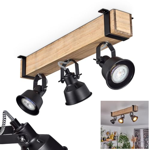 HOFSTEIN Deckenleuchte Safari, verstellbare Deckenlampe aus Metall/Holz in Schwarz/Natur, Leuchte im Industrial/Retro/Vintage-Design, Holzbalken, 3 x GU10, Wohnzimmer, Esszimmer, Schlafzimmer, Küche
