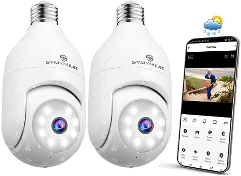 SYMYNELEC Telecamera Lampadina WiFi Esterno, 2K 4MP Videocamera Sorveglianza Senza Fili, Telecamera di Sicurezza con Allarme Sonoro e Luminoso, Visione Notturna a Colori, Audio Bidirezionale, 2PCS