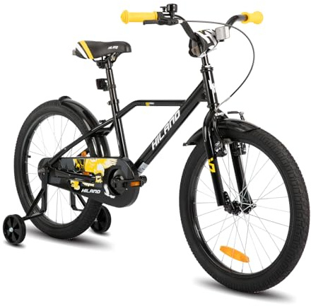 HILAND 20 Zoll Kinderfahrrad für Jungen 6 7 8 9 10 Jahre mit Stützrädern, Handbremse und Rücktrittbremse Schwarz/Orange