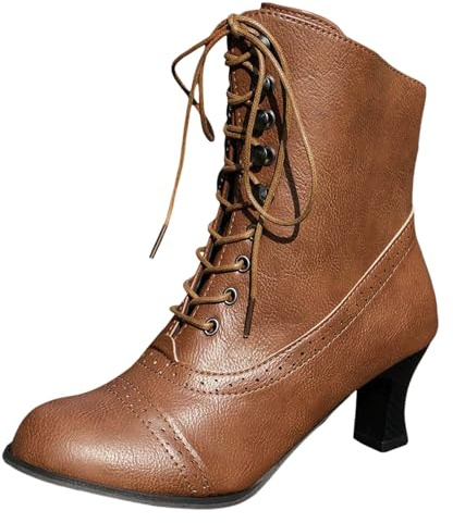 Botines de mujer con tacón, botas de cuero con cordones estilo victoriano vintage gótico con cordones botas clásicas de media caña botas medievales retro tobillo botas de tobillo boda (FA-Brown, 39)