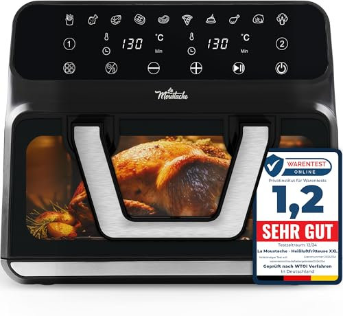 La Moustache - Freidora de Aire 9L | 1700W con E-Book de Recetas, Air Fryer Digital/Táctil con Cesta Convertible 2 en 1, 10 Programas, Regulación de Temperatura y Tiempo (TwinFry)