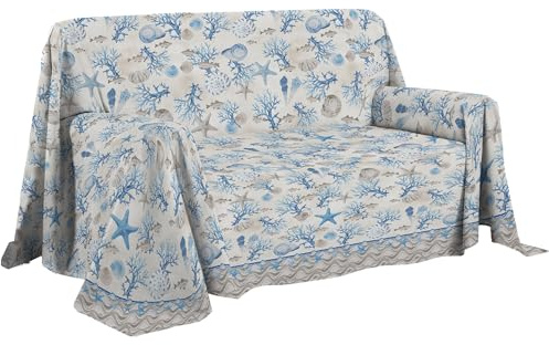 PENSIERI DELICATI Telo Copridivano 250 x 290 cm Made in Italy, Telo Copritutto 100% Cotone Puro, Fantasia Marina Azzurro, Ideale come Telo Arredo, Salvadivano o Copriletto Estivo (2 Piazze)
