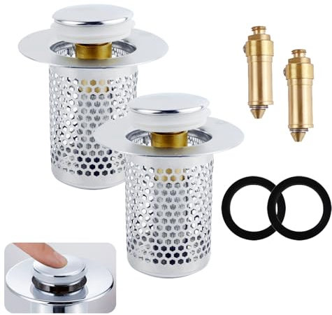 2 Pezzi Filtro Lavandino Bagno in Acciaio Inox, Risoluce Filtro di Scarico Rimovibile, Pop-up Bounce Core Filtro Scarico Lavandino, Anti-Odore e Antiruggine Tappo Lavandino con Filtro