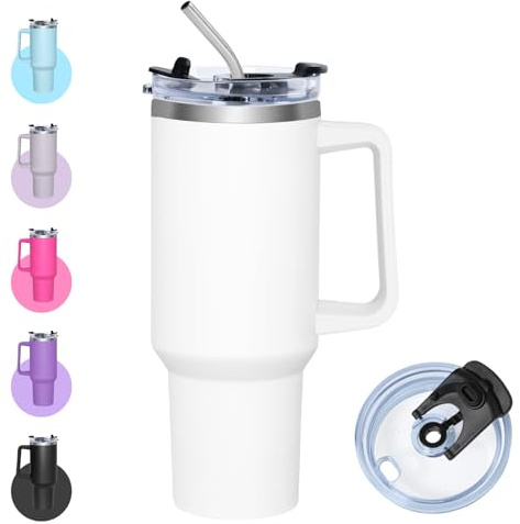 Zyntrix Thermobecher mit Strohhalm, 1200ml Isolierbecher mit Multifunktionsdeckel, Edelstahl Trinkbecher mit Strohhalm, Thermobecher Kaffee to Go mit Henkel, Thermo Cup Tumbler für Kalt und Heiß