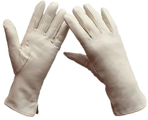 Damen Schaffell Lederhandschuhe Gerader Stil Wollfutter Winter Warm Motorrad Reiten Auto Fahren Finger Handschuhe Beige 6 12