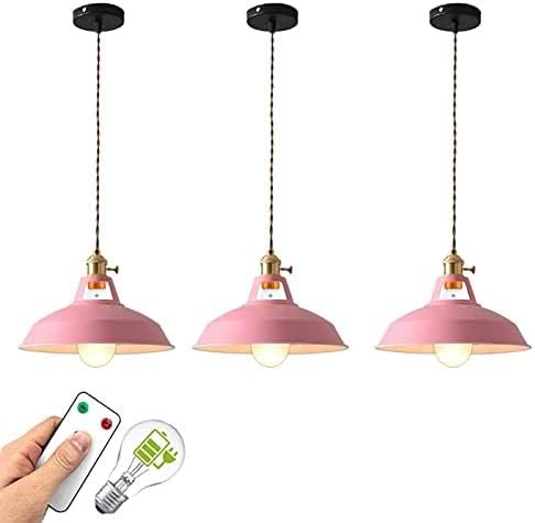 OJXIER Iluminación Colgante para Isla de Cocina, Paquete de 3 Luces Colgantes Modernas, luz Colgante Que Funciona con batería con Bombillas remotas Recargables de 400 lúmenes (Color: Rosa) (Rosa)