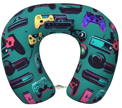 BREAUX Gaming Controller Patterns Print Memory Foam Travel Pillow U-Shaped Travel Pillow Neck Pillow for Driving Napping