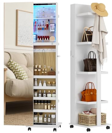Gurexl 360° Rotating LED Jewelry Armoire, Full Length Mirror with Jewelry Storage Rear Storage Shelves, Floor Standing 3 Color Dimmable Mirror Jewelry Organizer with 4 Lockable Wheels (White)