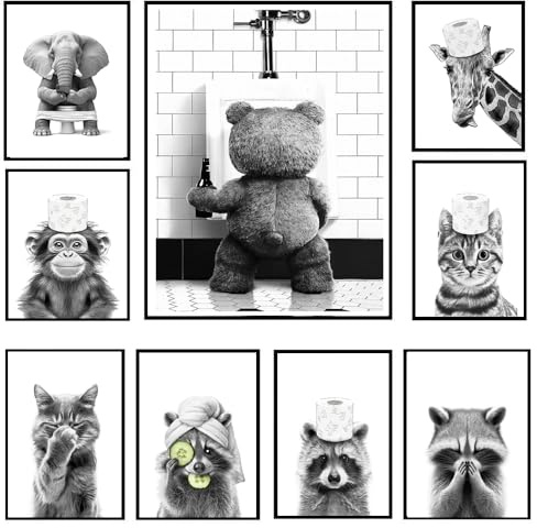 BeiYiHo Affiche Toilette WC Humour Animaux Ours Tableau Decoration Murale Noir et Blanc Moderne 21x30cm Poster Mural Art Toilette Impression sur Toile Deco WC sans Cadre