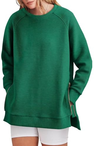 TANMESSO Överdimensionerad damtröja rund hals, långärmad tunika pullover med dragkedja på sidan, huvtröja tröja vårmode, Mörkgrön, S