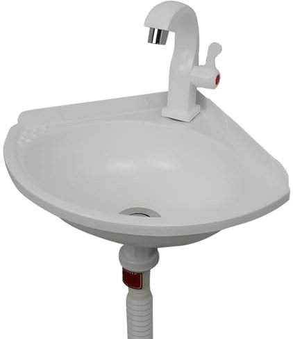 Wandhängendes Waschbecken aus Kunststoff Dreieckiges Badezimmerwaschtisch Kleine Spülbecken Eckwaschbecken Ausgussbecken,für Waschküche Garten Camping,inkl Ablaufgarnitur