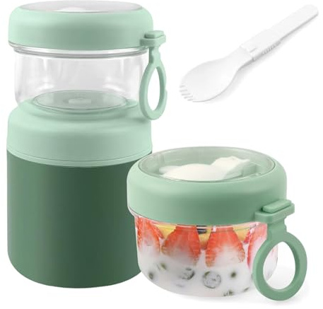 NEXROLA Tarrina Yogur y Cereales Portátil 860ml CON CUCHARA, (530ml + 330ml) de Acero Inoxidable 304 para Muesli,Copos de Avena & Cereales,100% Libre de BPA y Hermético, Ideal para Viajes,Trabajo