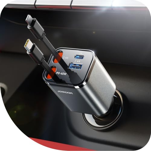 【4-IN-1】 2026 JOYROOM 84W Einziehbares Zigarettenanzünder USB C,【PD 45W & Ultra-Compact】 Schnelles Laden Auto Ladegerät, 12V/24V USB Adapter Auto, KFZ Zubehör Innenraum für iPhone 17/Sumsang S26
