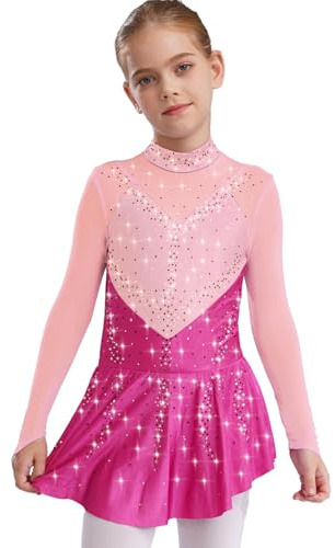 CHICTRY Eislaufkleid Kinder Mädchen Langarm Tanzkleid Glitzersteine Rollkunstlauf Kleid Stehkragen Ballettanzug Turnanzug Mit Wickelrock Dancewear