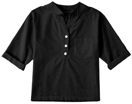 Chemise d'été décontractée à manches courtes pour filles et garçons - Coupe ample - Col en V - Vêtements habillés tendance et légers pour enfants, Noir , 11-12 ans
