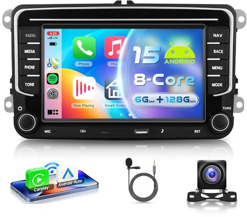 VECHTEL Autoradio 8 Kern 6+128G Android 15 für VW Golf 5 6 Passat Jetta Caddy EOS T5 Tiguan Touran CC Polo, 7'' HD IPS Touchscreen mit Carplay Android Auto GPS Wi-Fi Bluetooth USB TYP-C FM RDS Kamera